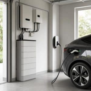 Batterie domestique modulaire installée dans une buanderie moderne à côté d'un onduleur solaire