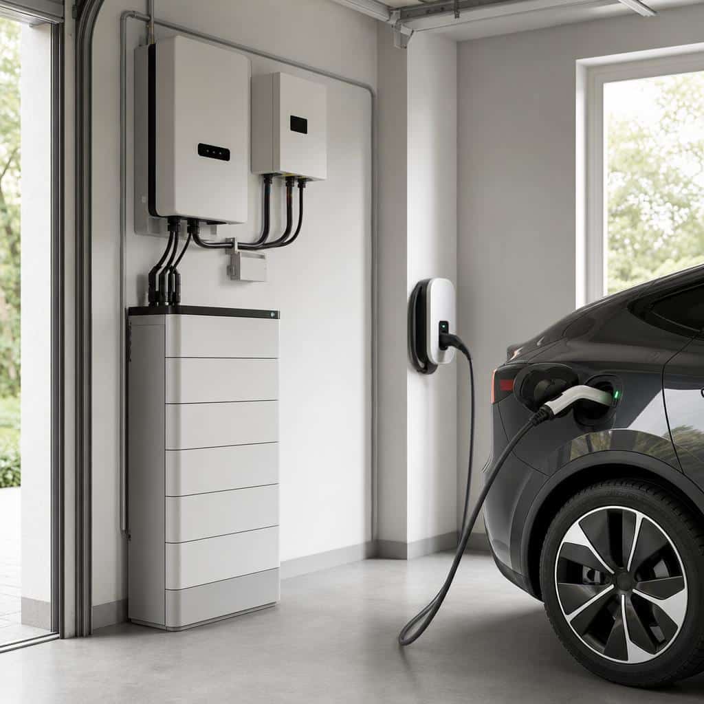 Batterie domestique modulaire installée dans une buanderie moderne à côté d'un onduleur solaire