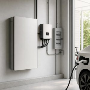 Batterie domestique murale installée près d'un onduleur solaire dans une maison