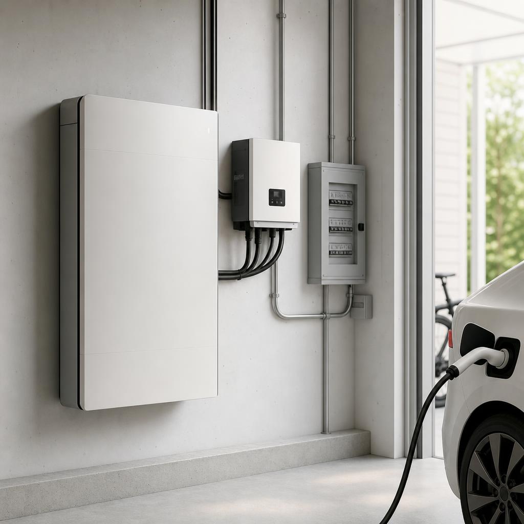Batterie domestique murale installée près d'un onduleur solaire dans une maison