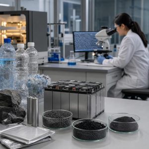 Materiau de batterie et bouteilles plastique recyclees dans un laboratoire moderne