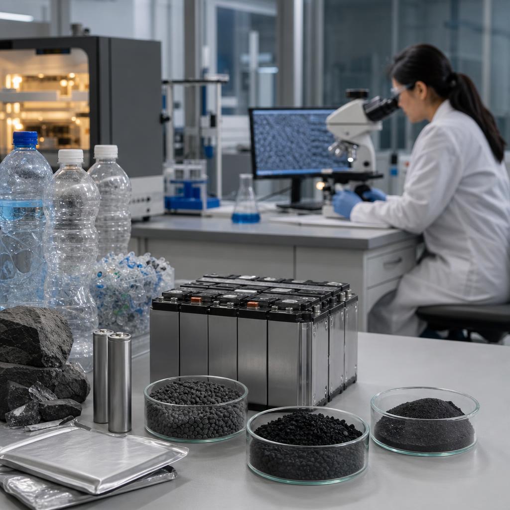 Materiau de batterie et bouteilles plastique recyclees dans un laboratoire moderne