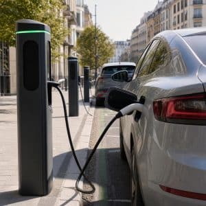 Rangee de bornes de recharge publiques en ville avec voitures branchees