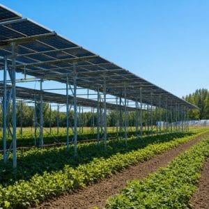 Structures solaires surélevées au-dessus d'une parcelle agricole dans un paysage français