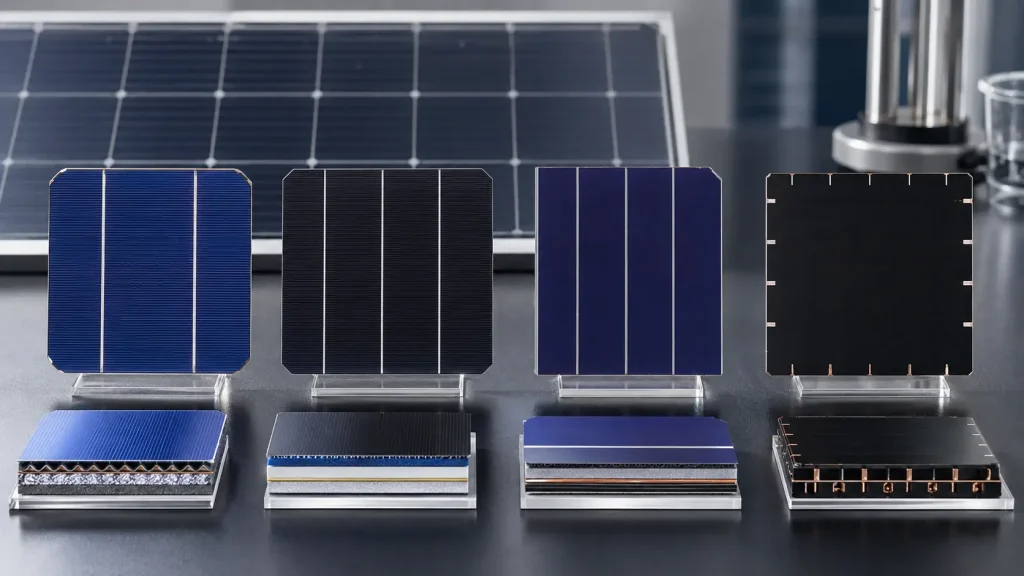 Échantillons de cellules solaires modernes PERC, TOPCon, HJT et IBC en laboratoire