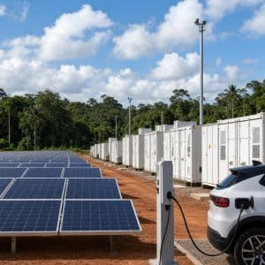 Champ solaire tropical avec conteneurs de batteries et ciel lumineux