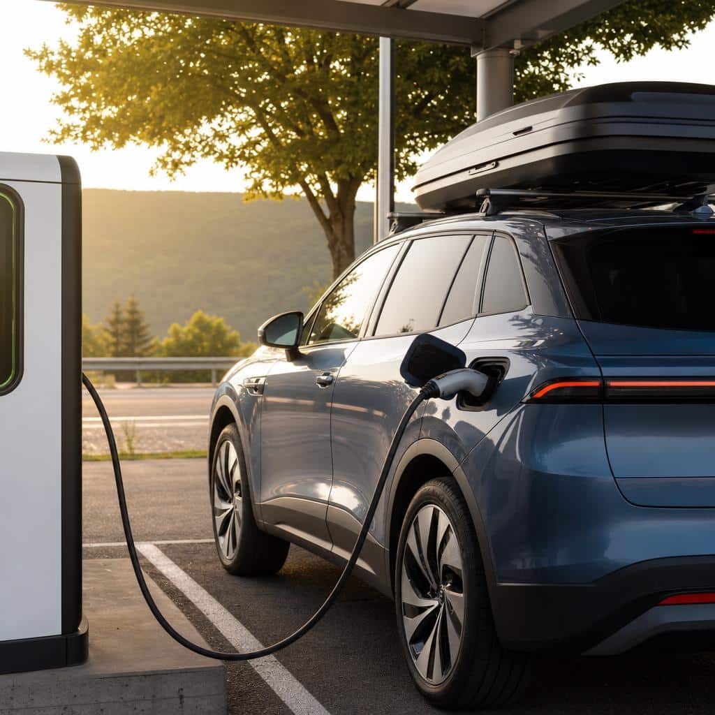 Voiture électrique familiale avec coffre de toit sur une route de vacances