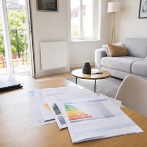 Salon lumineux d'un logement chauffé à l'électricité avec documents de performance énergétique