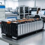 Technicien observant un module de batterie de voiture électrique dans un laboratoire moderne