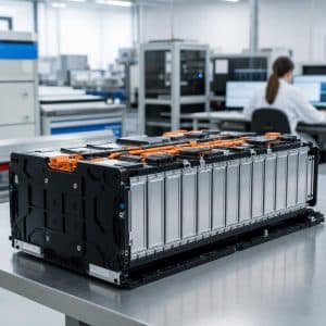 Technicien observant un module de batterie de voiture électrique dans un laboratoire moderne