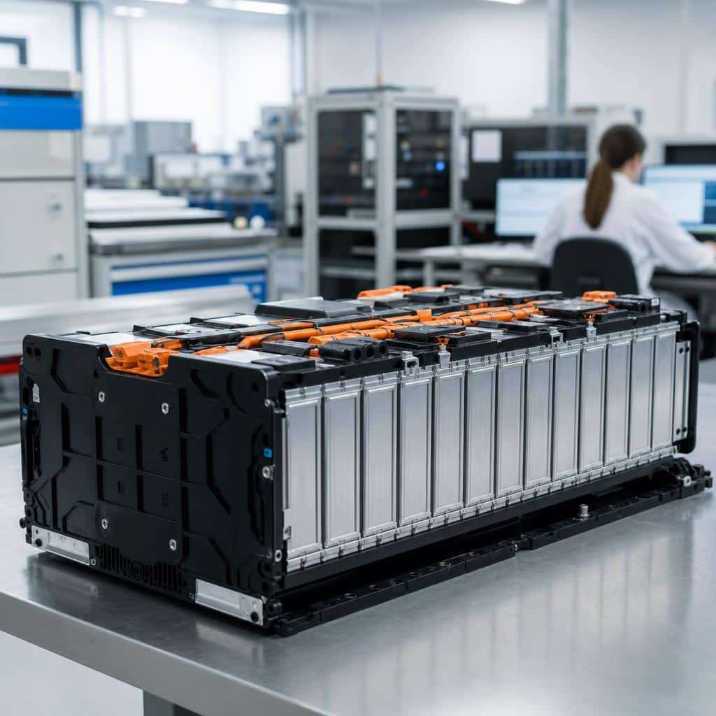 Technicien observant un module de batterie de voiture électrique dans un laboratoire moderne