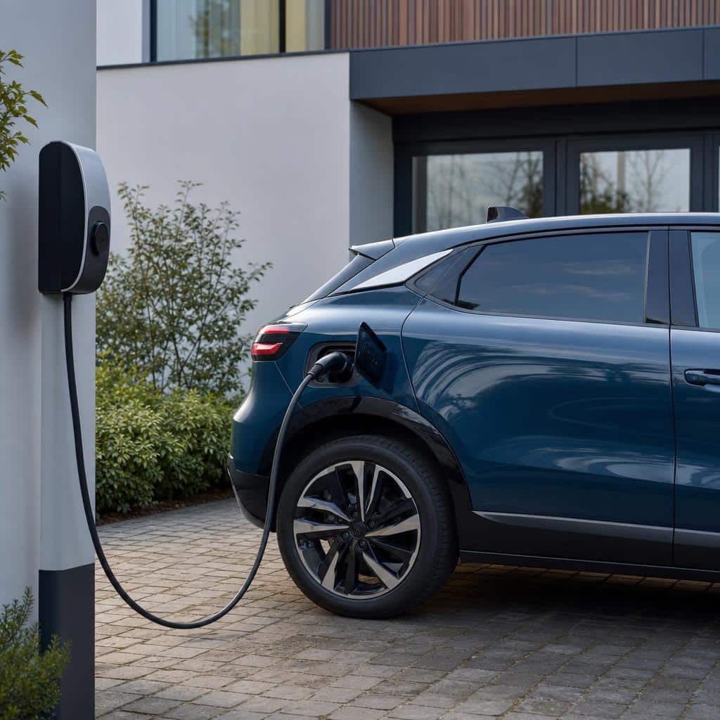 Voiture électrique compacte stationnée devant une maison moderne