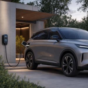 Voiture électrique moderne mise en valeur dans un environnement sécurisé