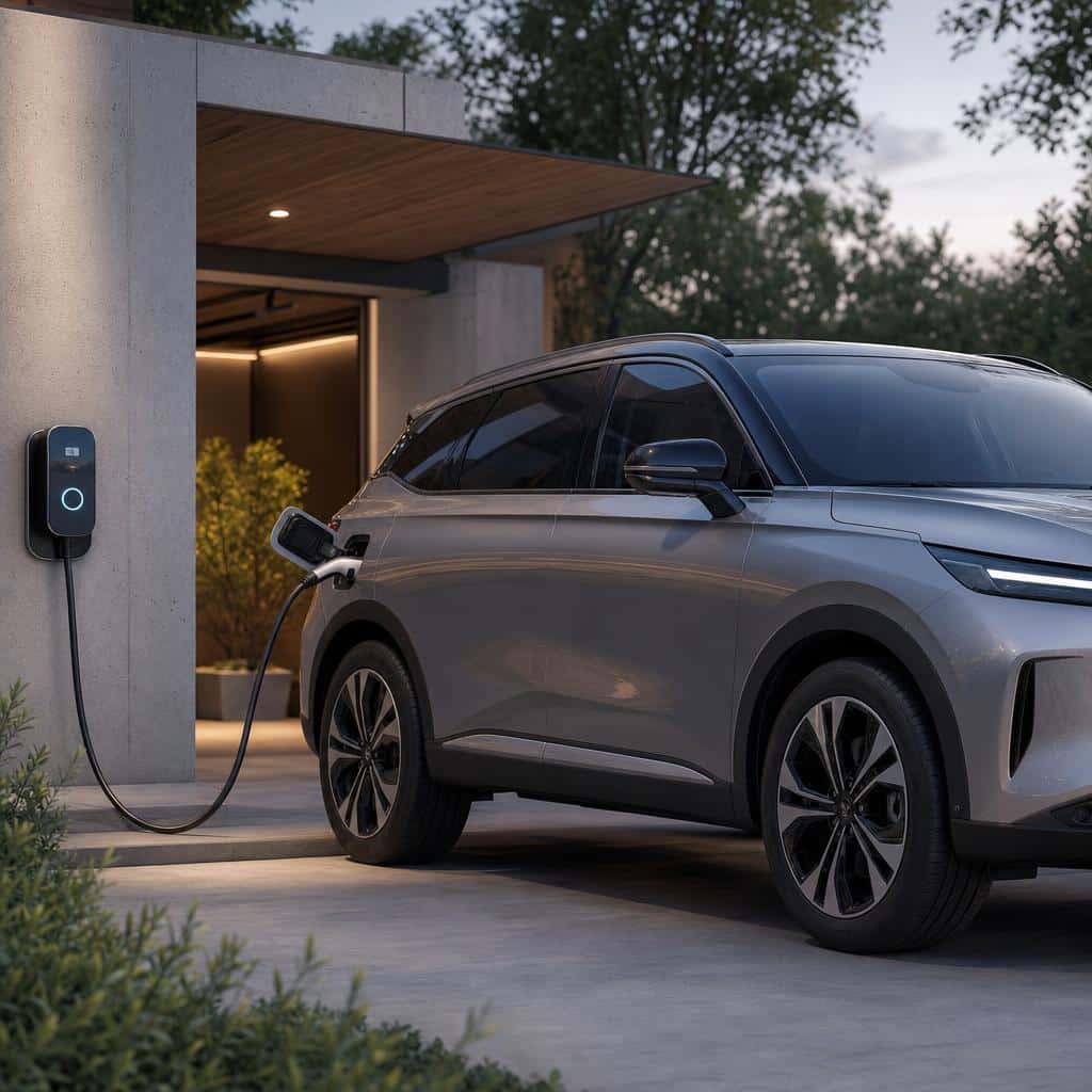 Voiture électrique moderne mise en valeur dans un environnement sécurisé