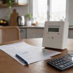 Compteur électrique domestique et facture posés sur une table avec éclairage naturel