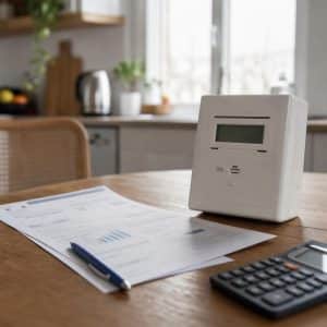 Compteur électrique domestique et facture posés sur une table avec éclairage naturel