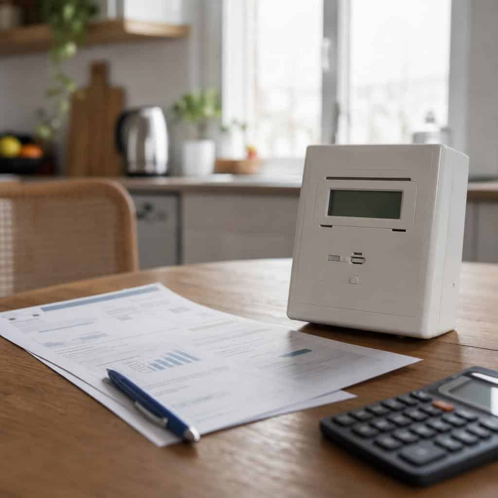 Compteur électrique domestique et facture posés sur une table avec éclairage naturel