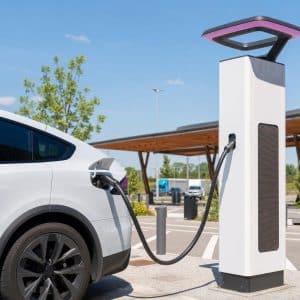 Voiture électrique en charge rapide sur une aire de trajet avec une seule borne utilisée