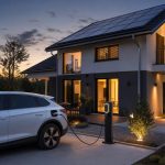 Maison équipée de panneaux solaires et voiture électrique en recharge au coucher du soleil