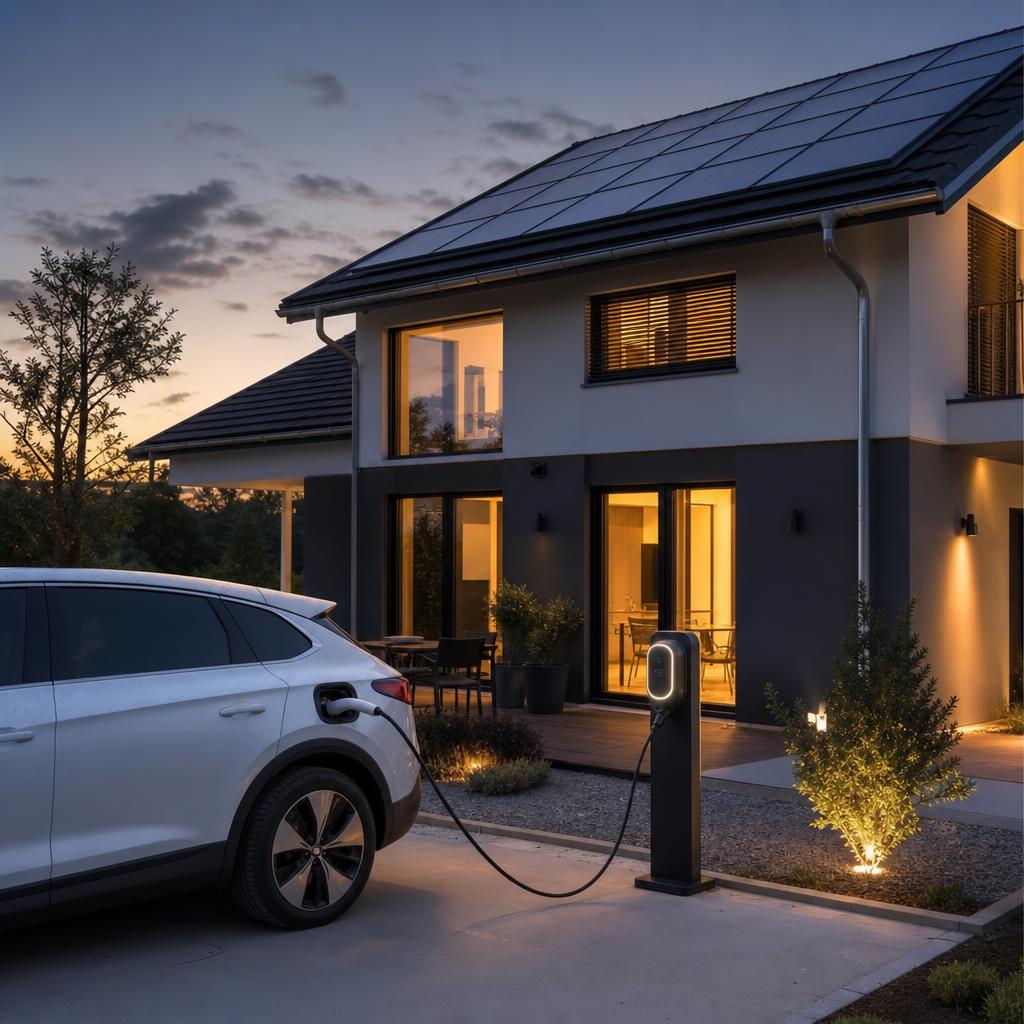 Maison équipée de panneaux solaires et voiture électrique en recharge au coucher du soleil