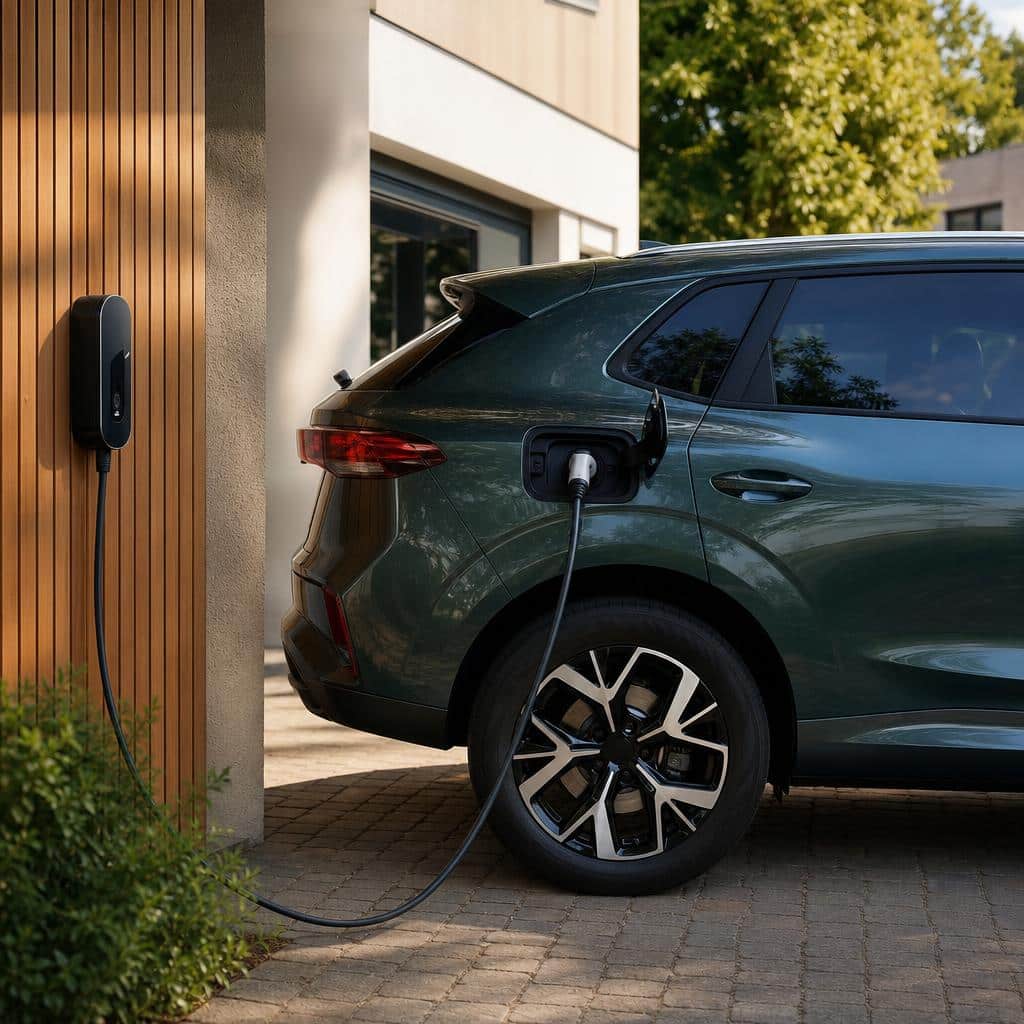 SUV hybride rechargeable moderne garé devant une maison avec borne domestique