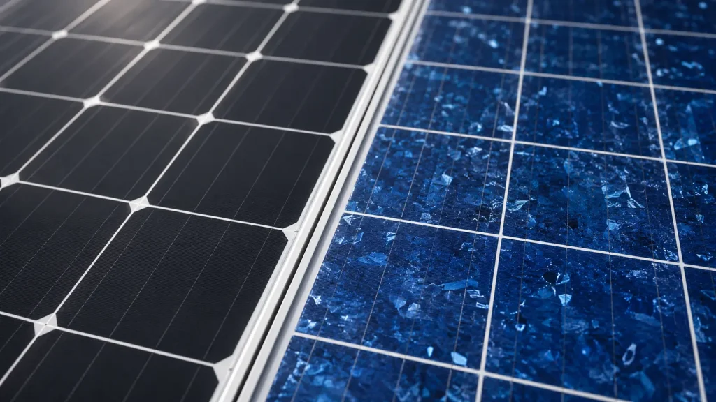 Comparaison visuelle entre un panneau solaire monocristallin noir et un panneau polycristallin bleu