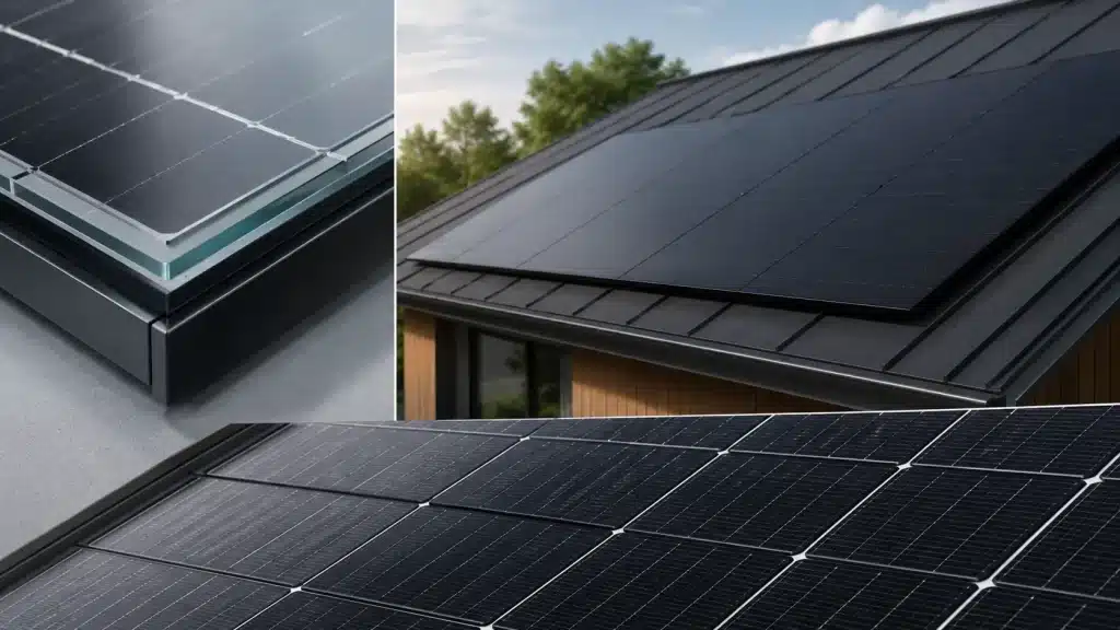 Détails de construction d’un panneau solaire verre-verre full black avec cellules modernes