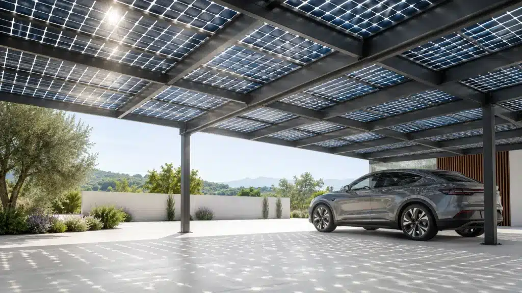 Carport solaire avec panneaux bifaciaux laissant passer et réfléchir la lumière