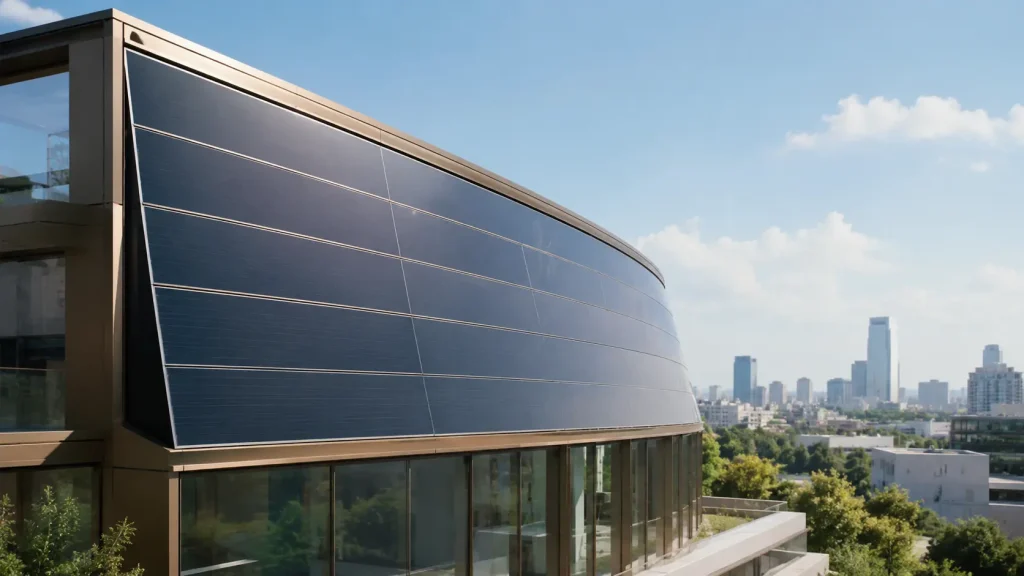 Façade moderne intégrant des panneaux solaires à couches minces
