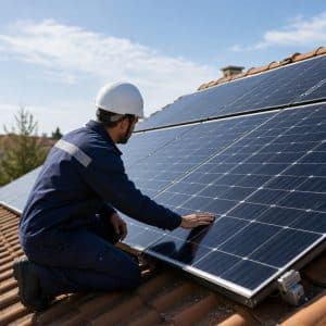 Technicien inspectant des panneaux solaires sur toiture résidentielle au soleil