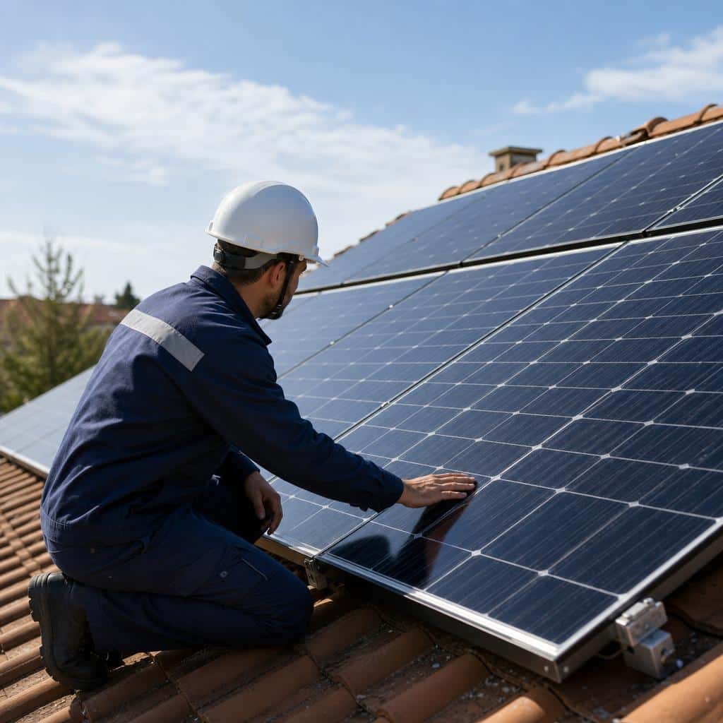 Technicien inspectant des panneaux solaires sur toiture résidentielle au soleil