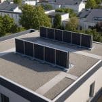 Toiture plate équipée de modules photovoltaïques verticaux au bord d'un immeuble résidentiel