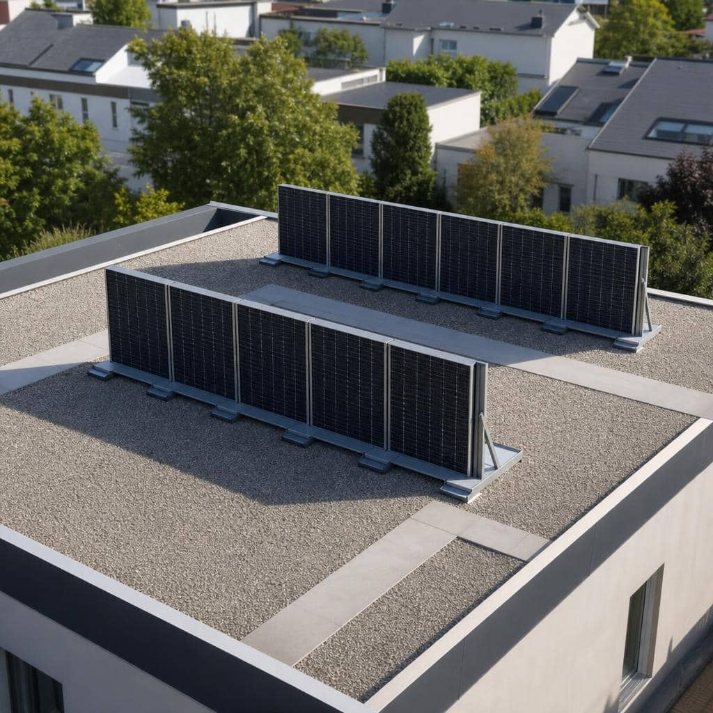 Toiture plate équipée de modules photovoltaïques verticaux au bord d'un immeuble résidentiel