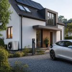 Maison contemporaine avec pompe à chaleur, borne de recharge et toiture solaire dans une ambiance européenne