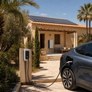 Maison équipée de panneaux solaires et batterie domestique dans une ambiance de forte chaleur