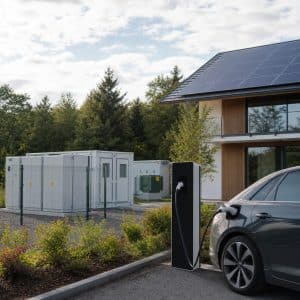 Batteries de stockage et maison équipée de panneaux solaires dans une ambiance réaliste