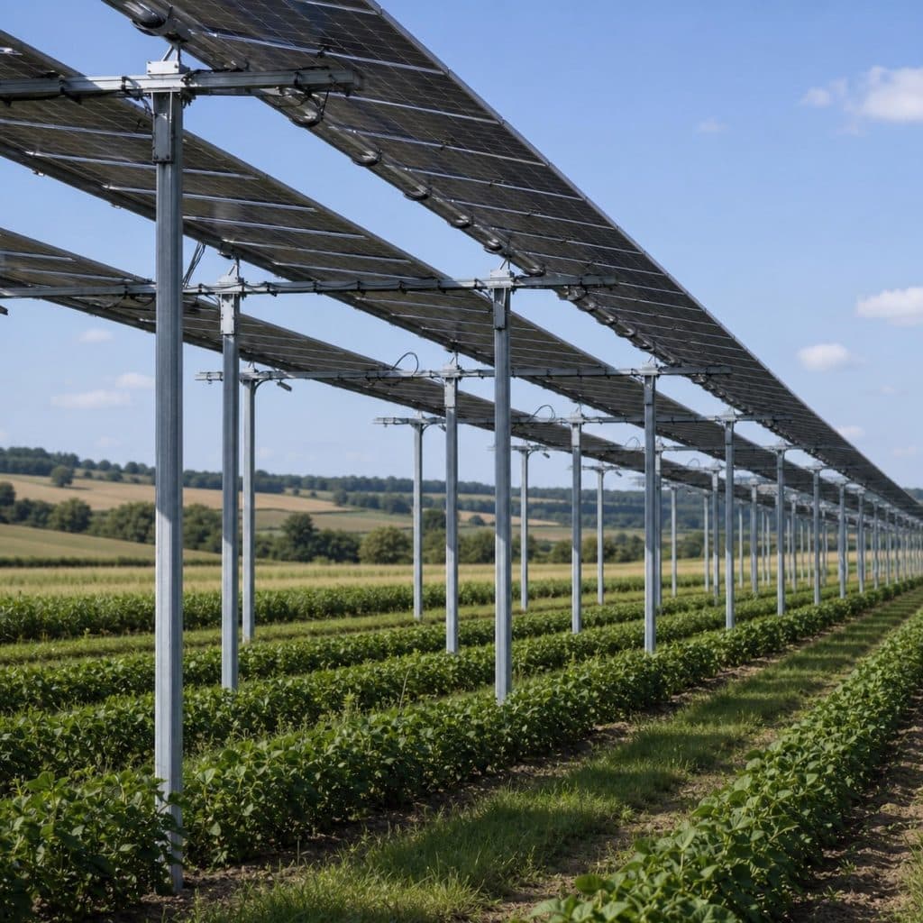 Parcelle agricole française avec structures solaires intégrées au paysage