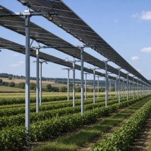 Parcelle agricole française avec structures solaires intégrées au paysage