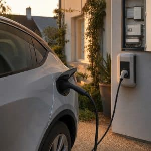Voiture électrique branchée devant une maison avec compteur d'électricité en arrière-plan