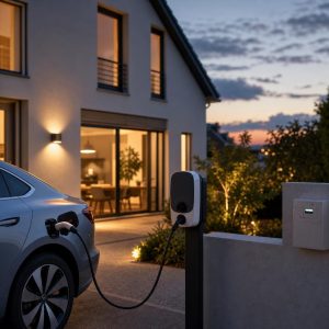 Maison éclairée au crépuscule avec compteur et courbes de prix de l'énergie en arrière-plan flou