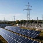 Grande centrale solaire avec lignes électriques sous un ciel lumineux