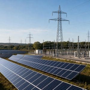 Grande centrale solaire avec lignes électriques sous un ciel lumineux