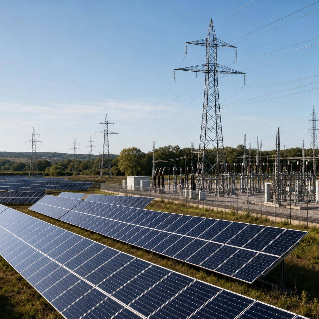 Grande centrale solaire avec lignes électriques sous un ciel lumineux