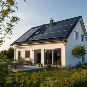 Toiture résidentielle équipée de panneaux solaires sous une lumière estivale