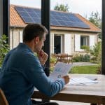 Toiture résidentielle avec panneaux solaires et propriétaire en train d'étudier ses calculs