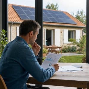 Toiture résidentielle avec panneaux solaires et propriétaire en train d'étudier ses calculs