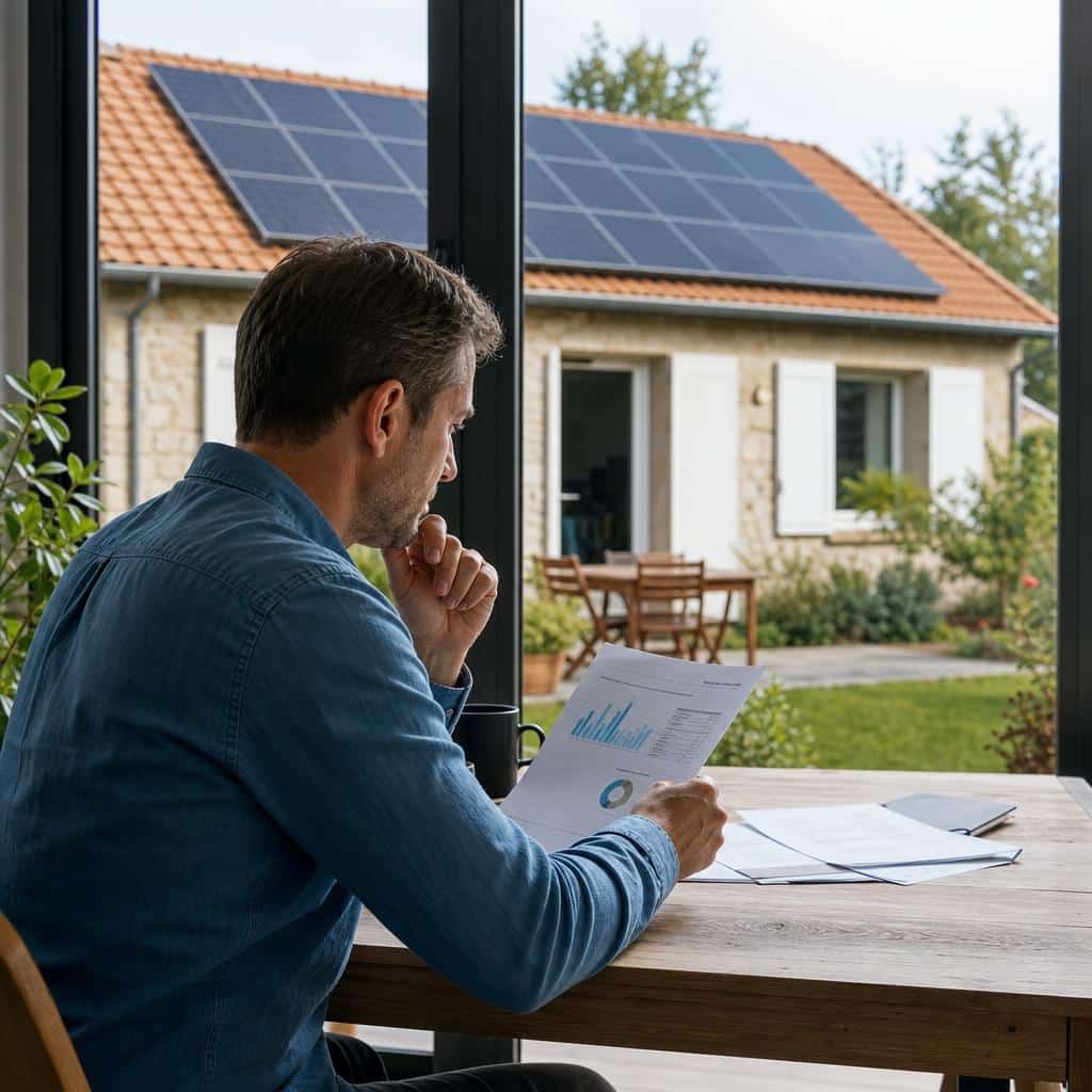Toiture résidentielle avec panneaux solaires et propriétaire en train d'étudier ses calculs
