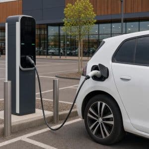Voiture électrique branchée proprement à une borne sur le parking d’une grande surface