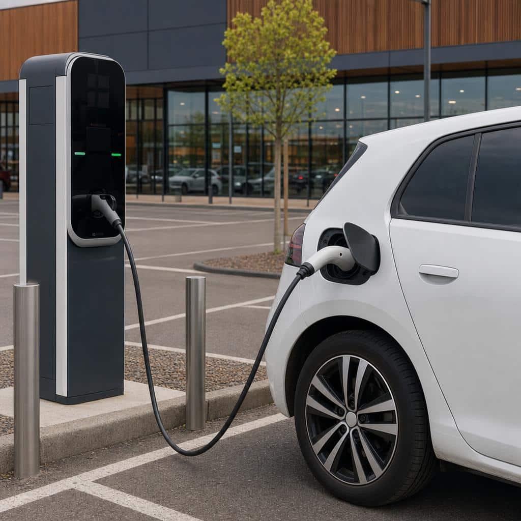 Voiture électrique branchée proprement à une borne sur le parking d’une grande surface