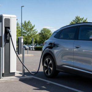 Station de recharge rapide sur autoroute avec plusieurs voitures électriques